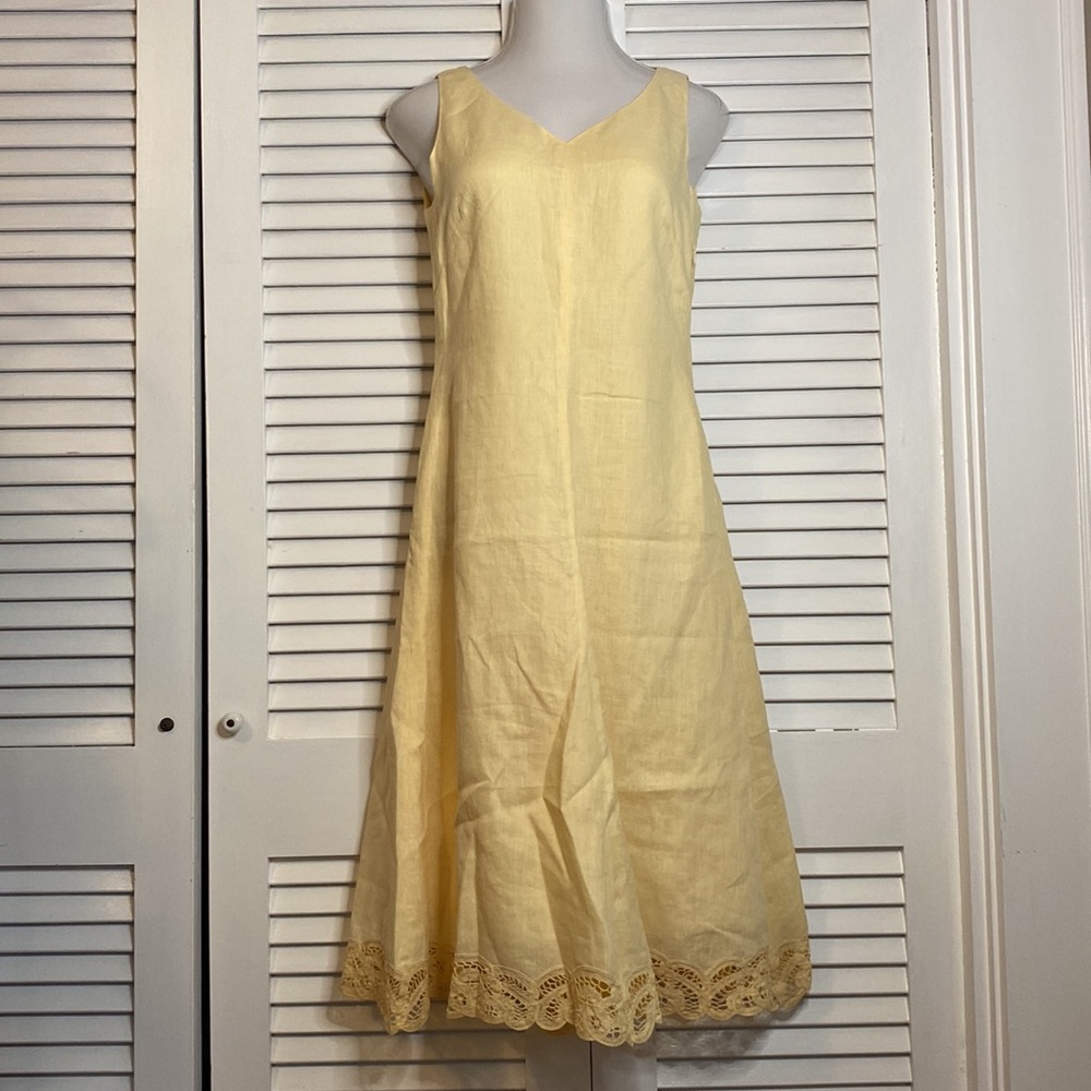 90s vintage Talbots Irish Linen buttercream yellow v- neck sleeveless dress.